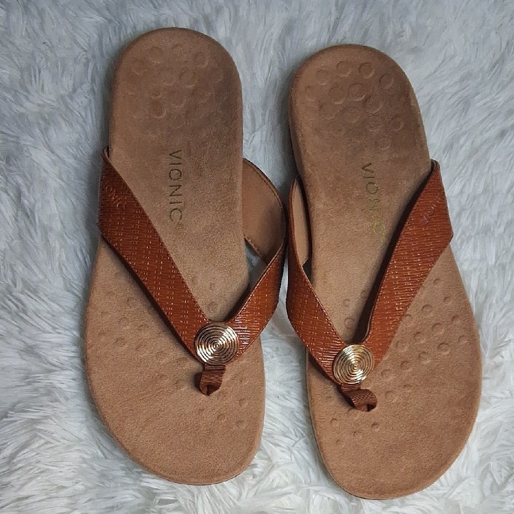 Vionic Woven Thong  Brown Sandals  Goldtone Metallic Detail - Hilda Size 10